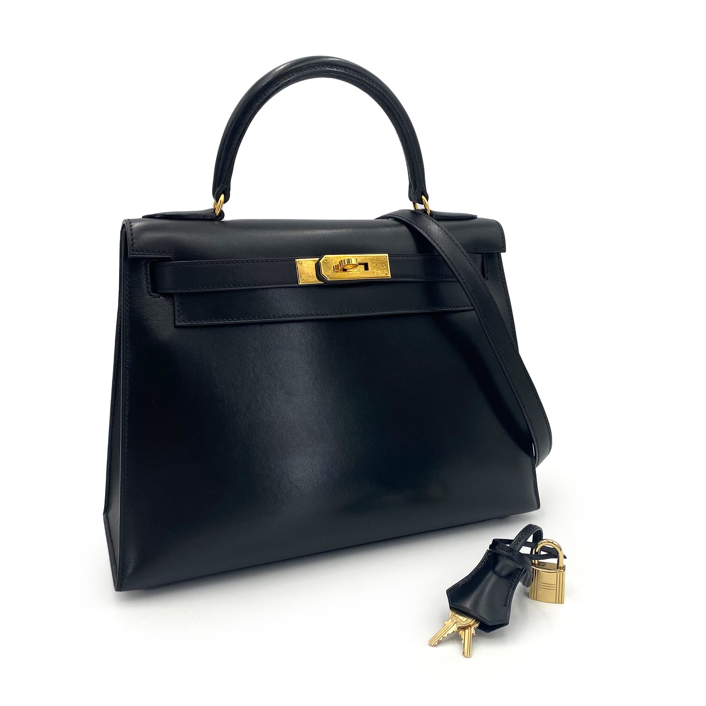 HERMES KELLY 28 SELLIER BLACK BOXCALF HAND SHOULDER BAG □A 90241674