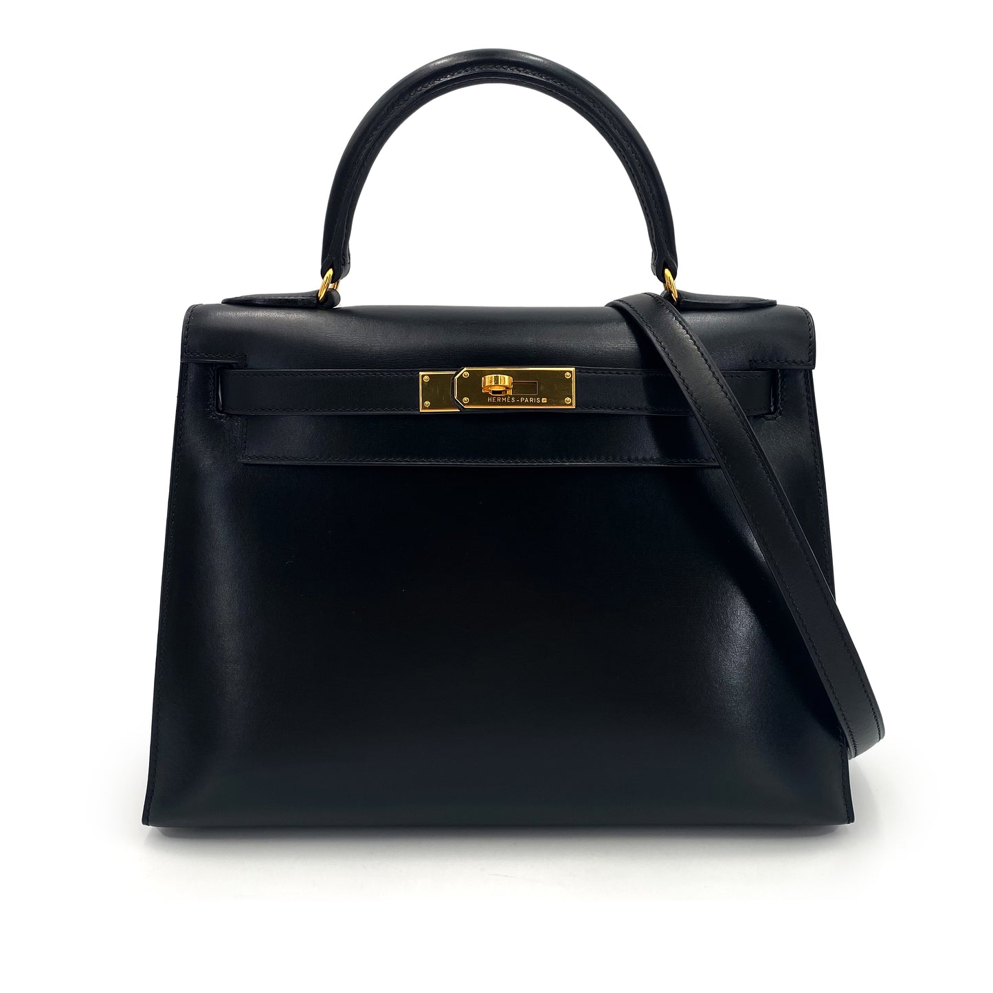 HERMES KELLY 28 SELLIER BLACK BOXCALF HAND SHOULDER BAG □A 90241674