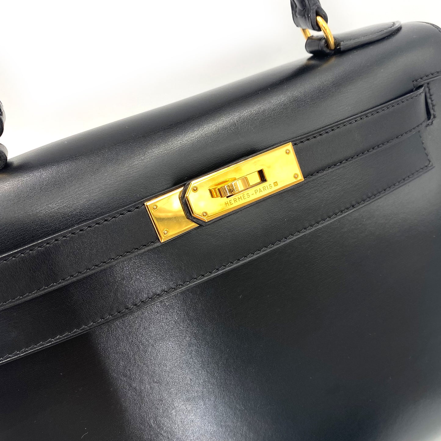 HERMES KELLY 28 SELLIER BLACK BOXCALF HAND SHOULDER BAG □A 90241674