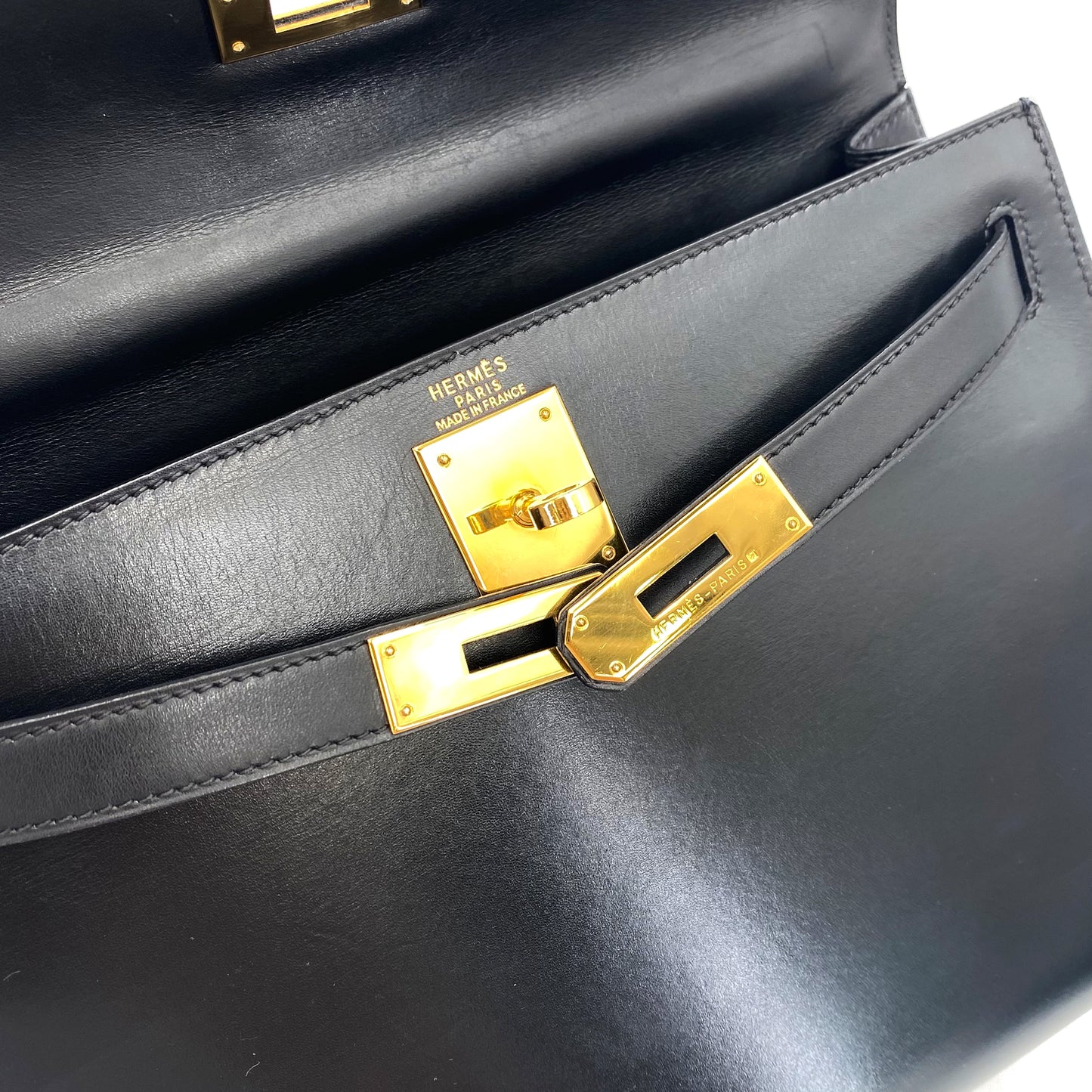 HERMES KELLY 28 SELLIER BLACK BOXCALF HAND SHOULDER BAG □A 90241674