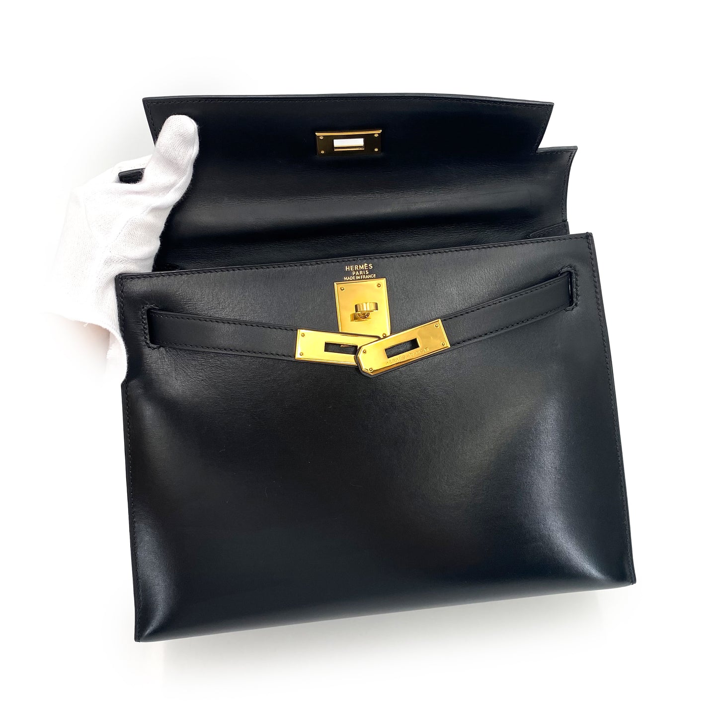 HERMES KELLY 28 SELLIER BLACK BOXCALF HAND SHOULDER BAG □A 90241674