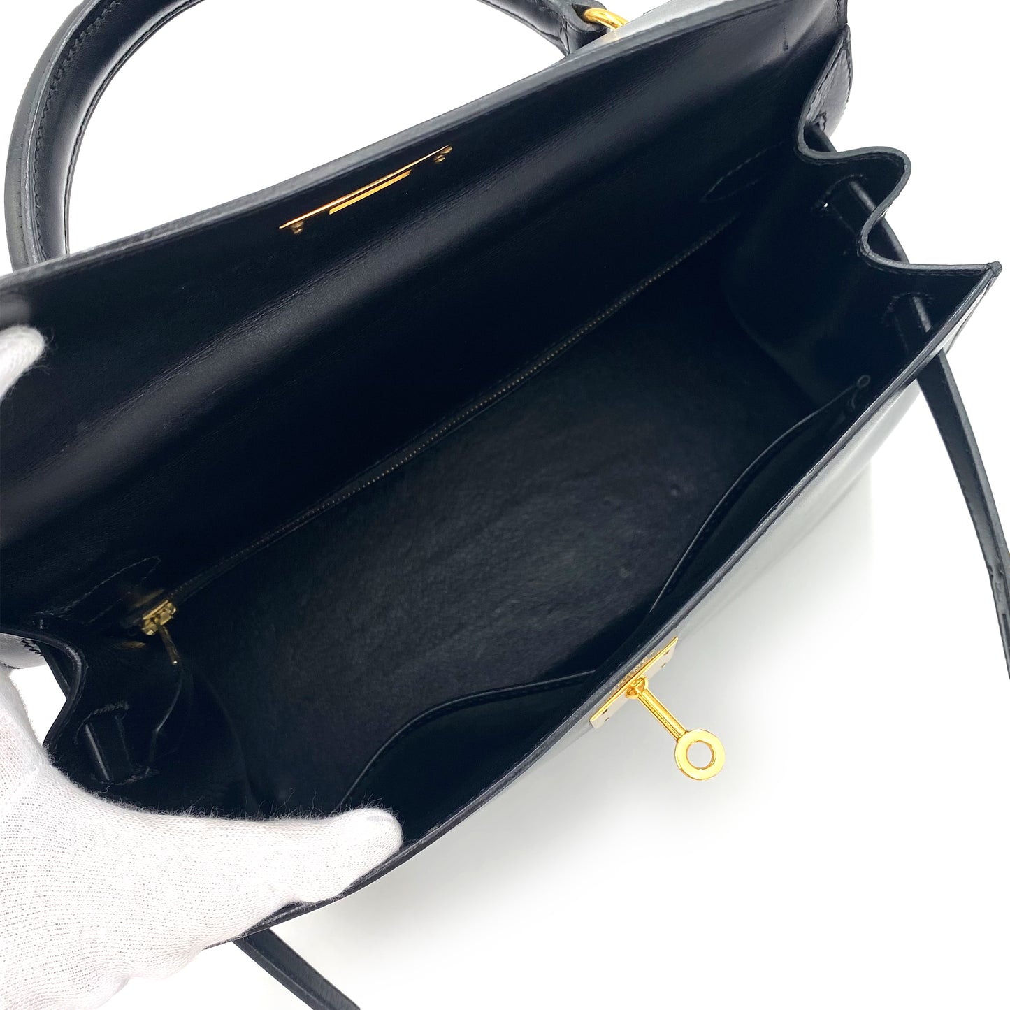 HERMES KELLY 28 SELLIER BLACK BOXCALF HAND SHOULDER BAG □A 90241674