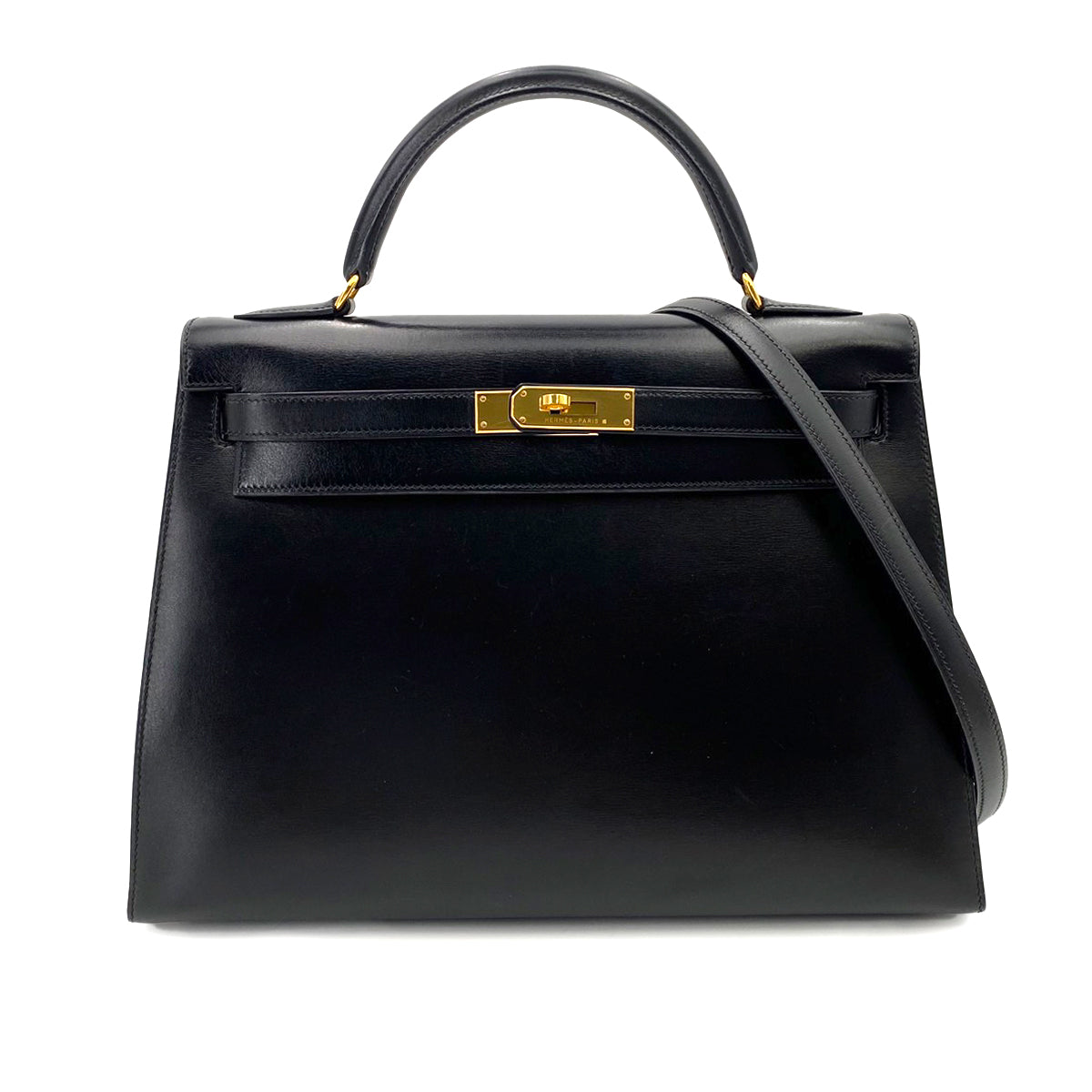 HERMES KELLY 32 SELLIER BLACK BOXCALF HAND SHOULDER BAG □B 90241688