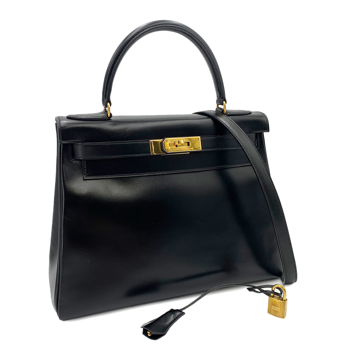 HERMES KELLY 28 RETOURNE BLACK BOXCALF HAND SHOULDER BAG 〇R 90241691