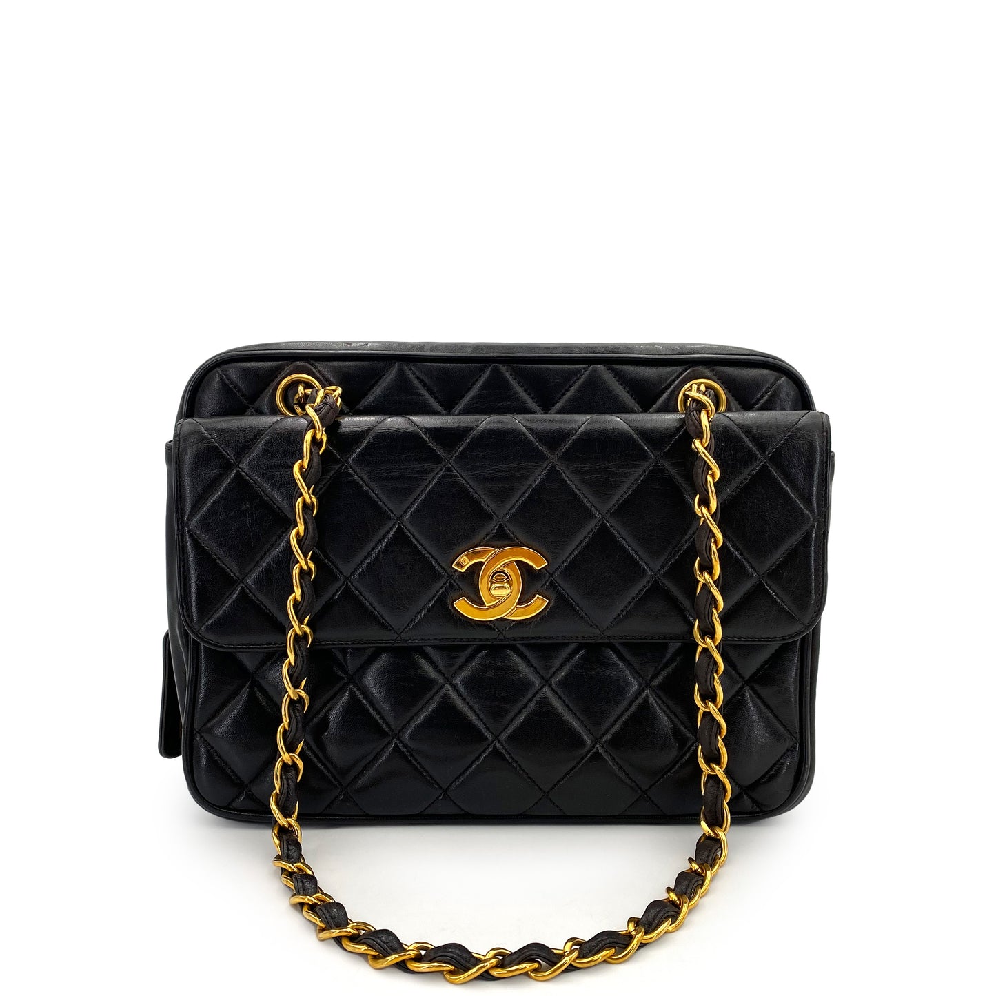 CHANEL VINTAGE MATELASSE CHAIN TOTE BAG BLACK LAMB SKIN 90241701