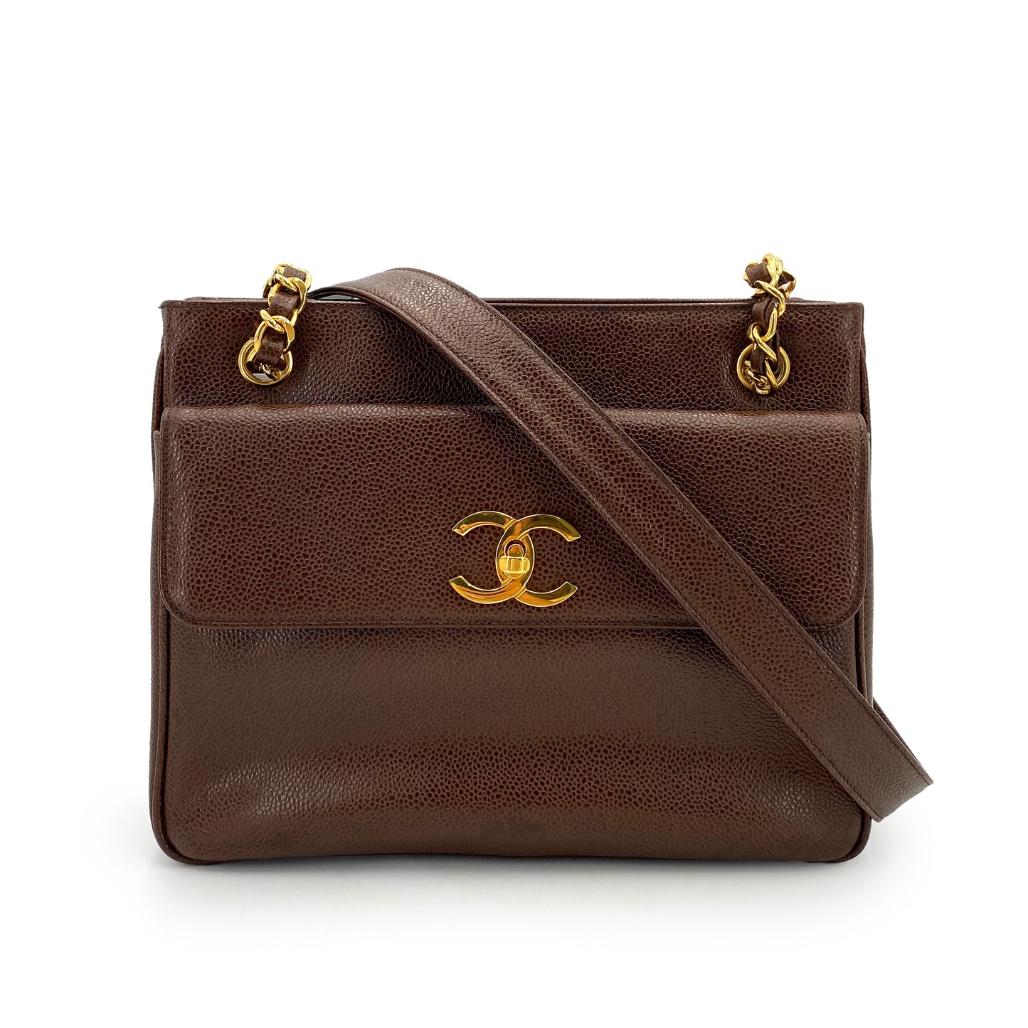 CHANEL VINTAGE CHAIN TOTE BAG BROWN CAVIAR SKIN 90241702