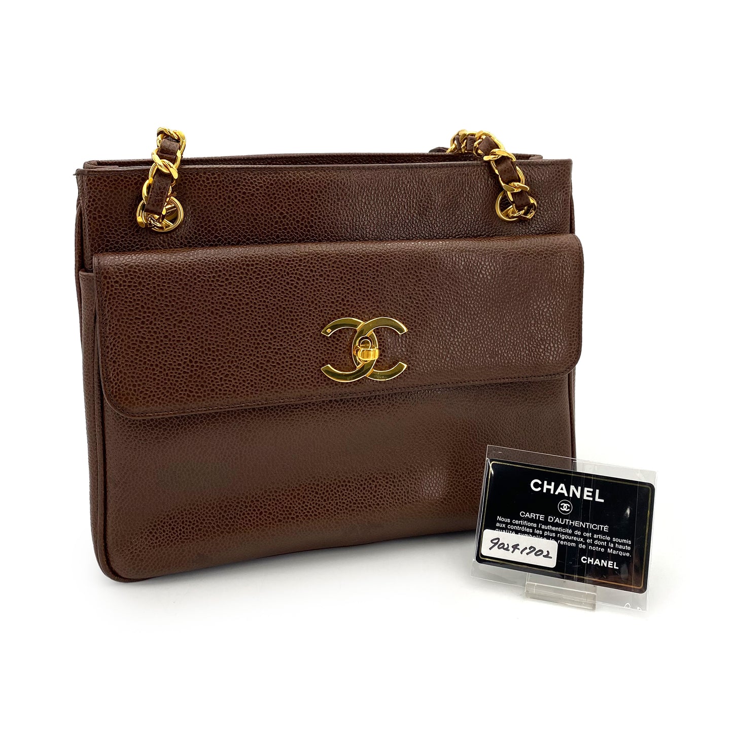 CHANEL VINTAGE CHAIN TOTE BAG BROWN CAVIAR SKIN 90241702