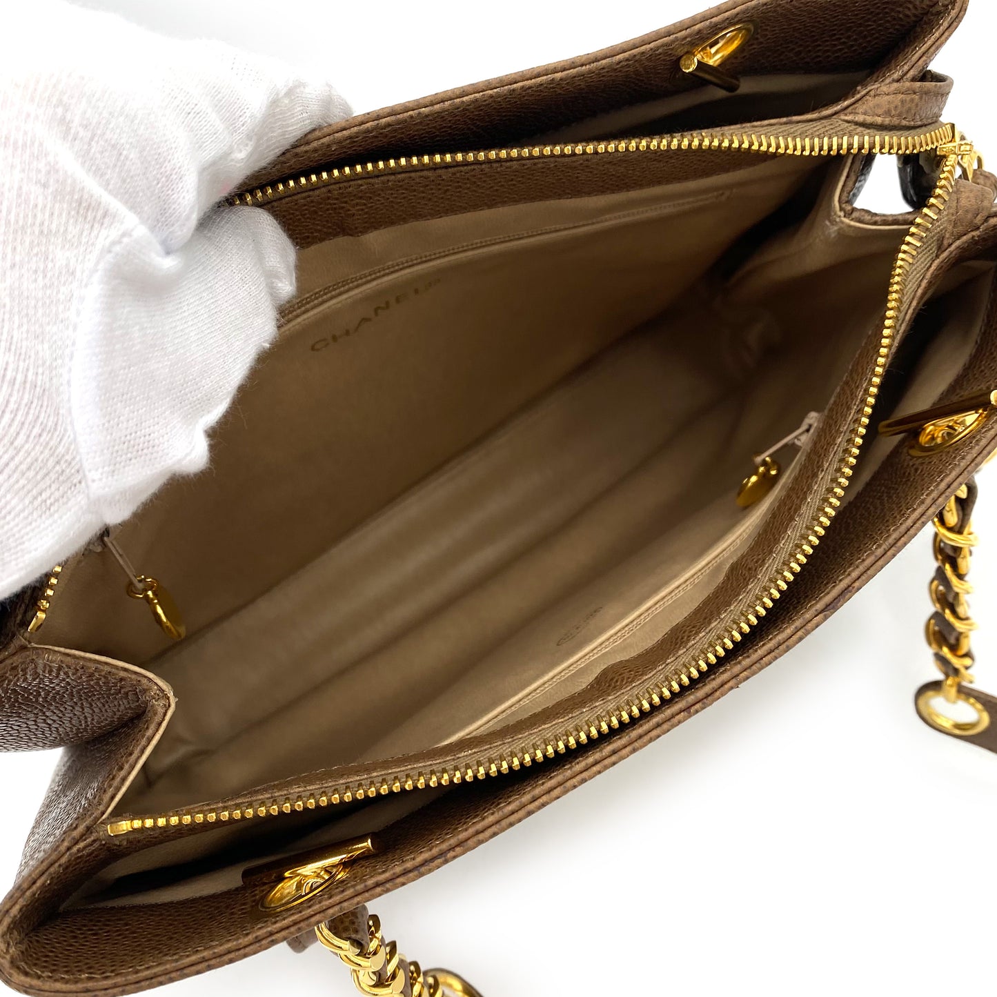 CHANEL VINTAGE CHAIN TOTE BAG BROWN CAVIAR SKIN 90241703