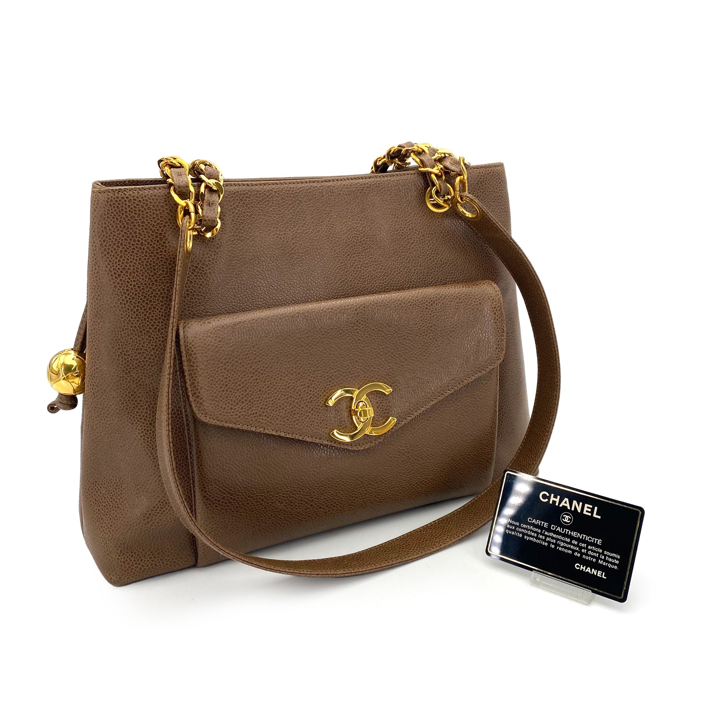 CHANEL VINTAGE CHAIN TOTE BAG BROWN CAVIAR SKIN 90241703