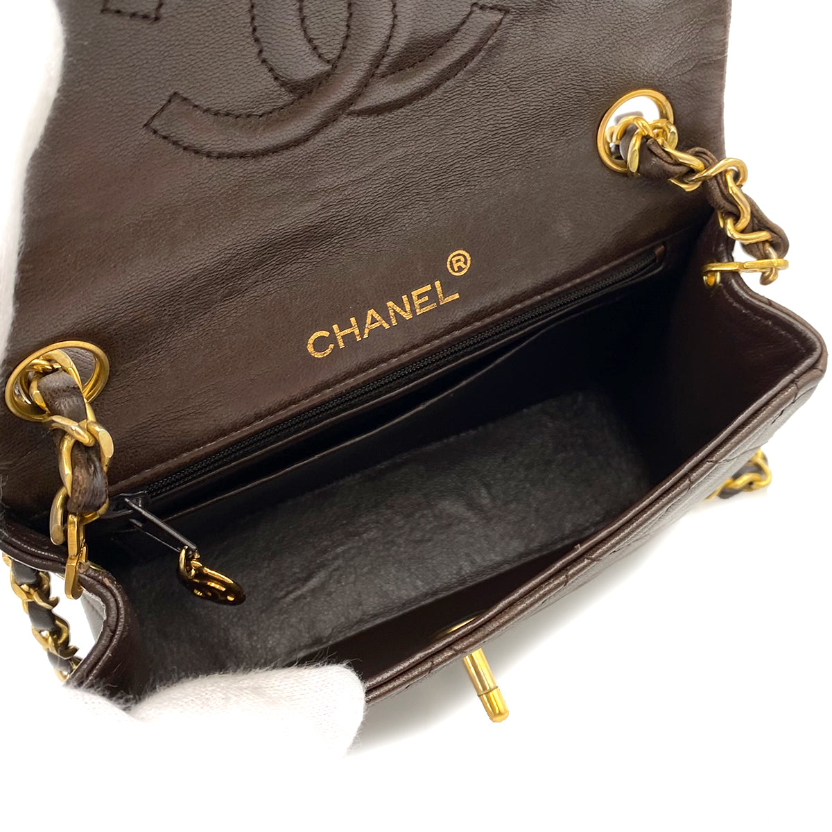 CHANEL VINTAGE MINI SQUARE 17 FLAP CHAIN SHOULDER BAG BROWN LAMB SKIN 90241704