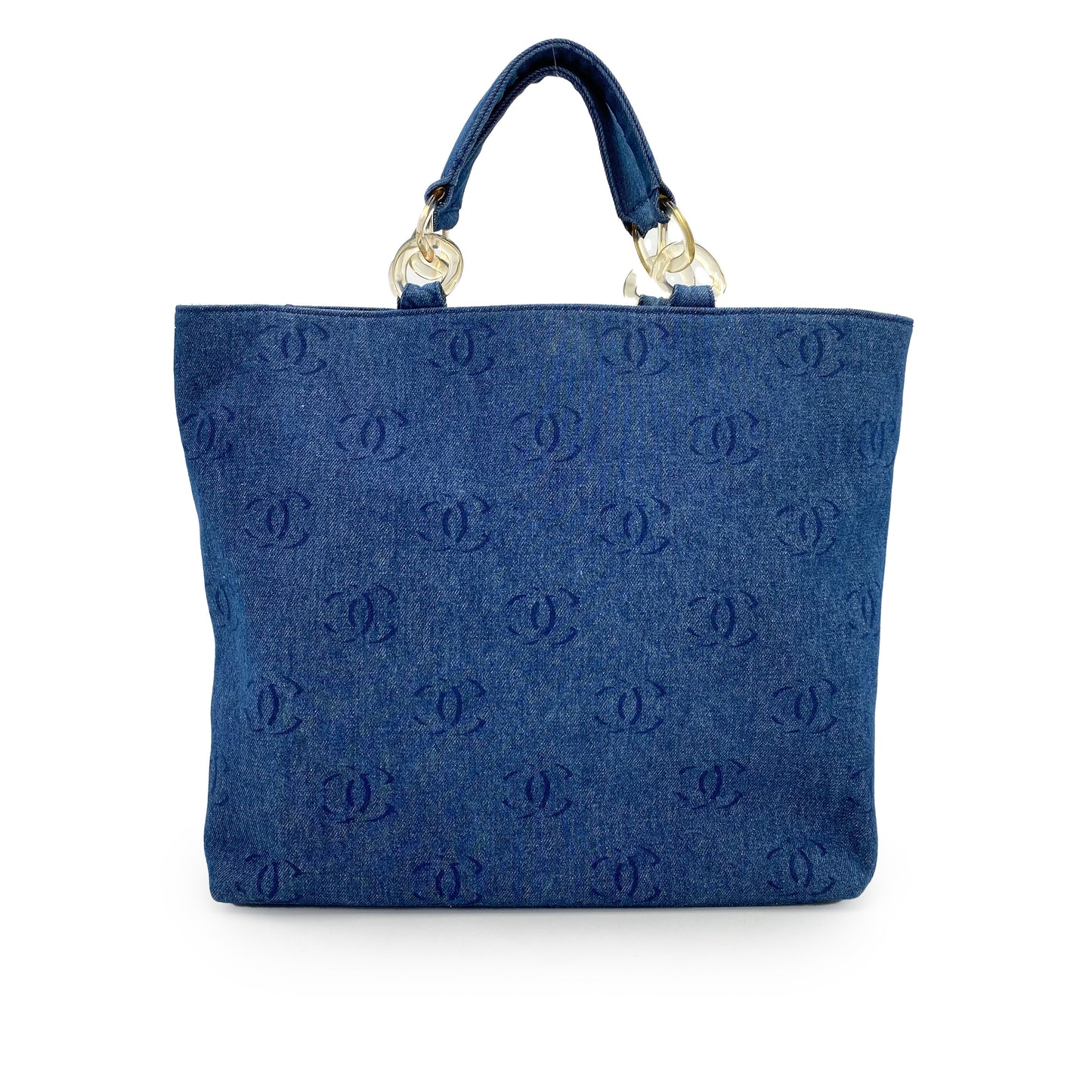 CHANEL VINTAGE CLEAR CHAIN TOTE BAG BLUE DENIM 90241716