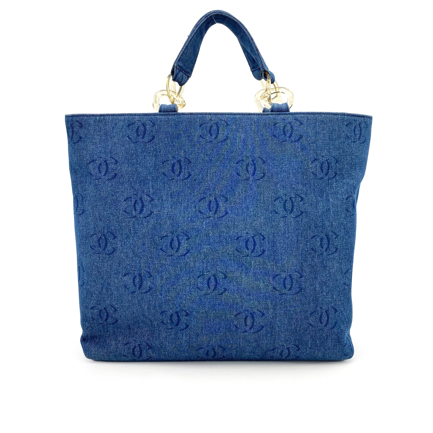 CHANEL VINTAGE CLEAR CHAIN TOTE BAG BLUE DENIM 90241716