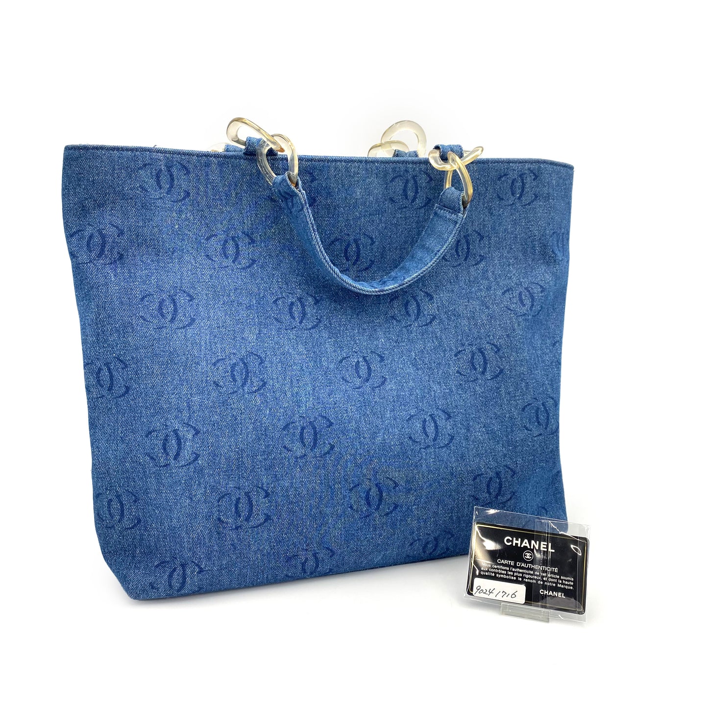 CHANEL VINTAGE CLEAR CHAIN TOTE BAG BLUE DENIM 90241716
