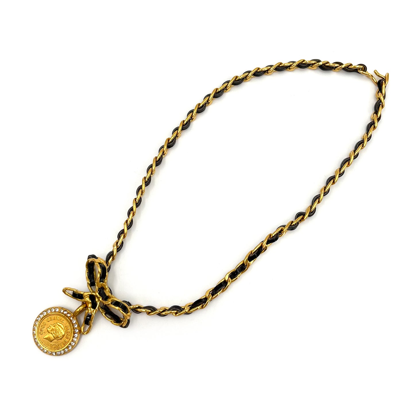 CHANEL VINTAGE CHAIN NECKLACE LEATHER RIBBON RHINESTONE ACCESSORY 96P 90241718