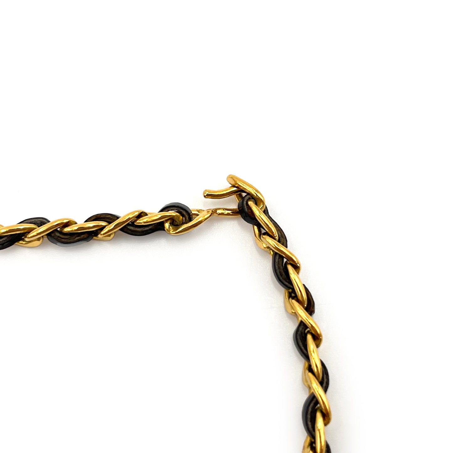 CHANEL VINTAGE CHAIN NECKLACE LEATHER RIBBON RHINESTONE ACCESSORY 96P 90241718