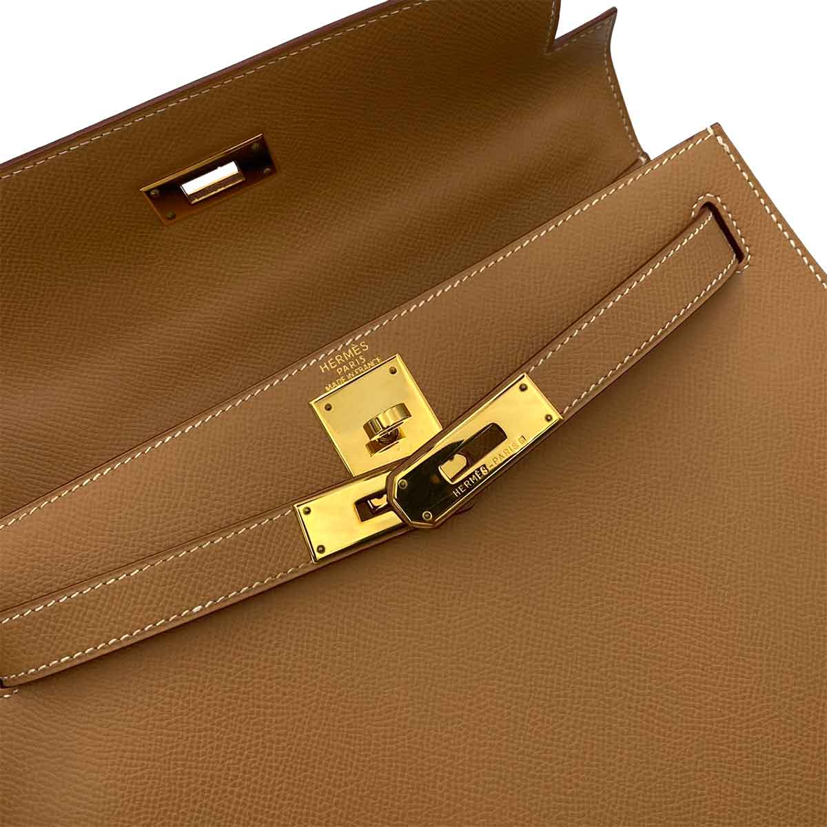 HERMES KELLY 28 SELLIER NATURAL COUCHEVEL HAND SHOULDER BAG □A 90241755
