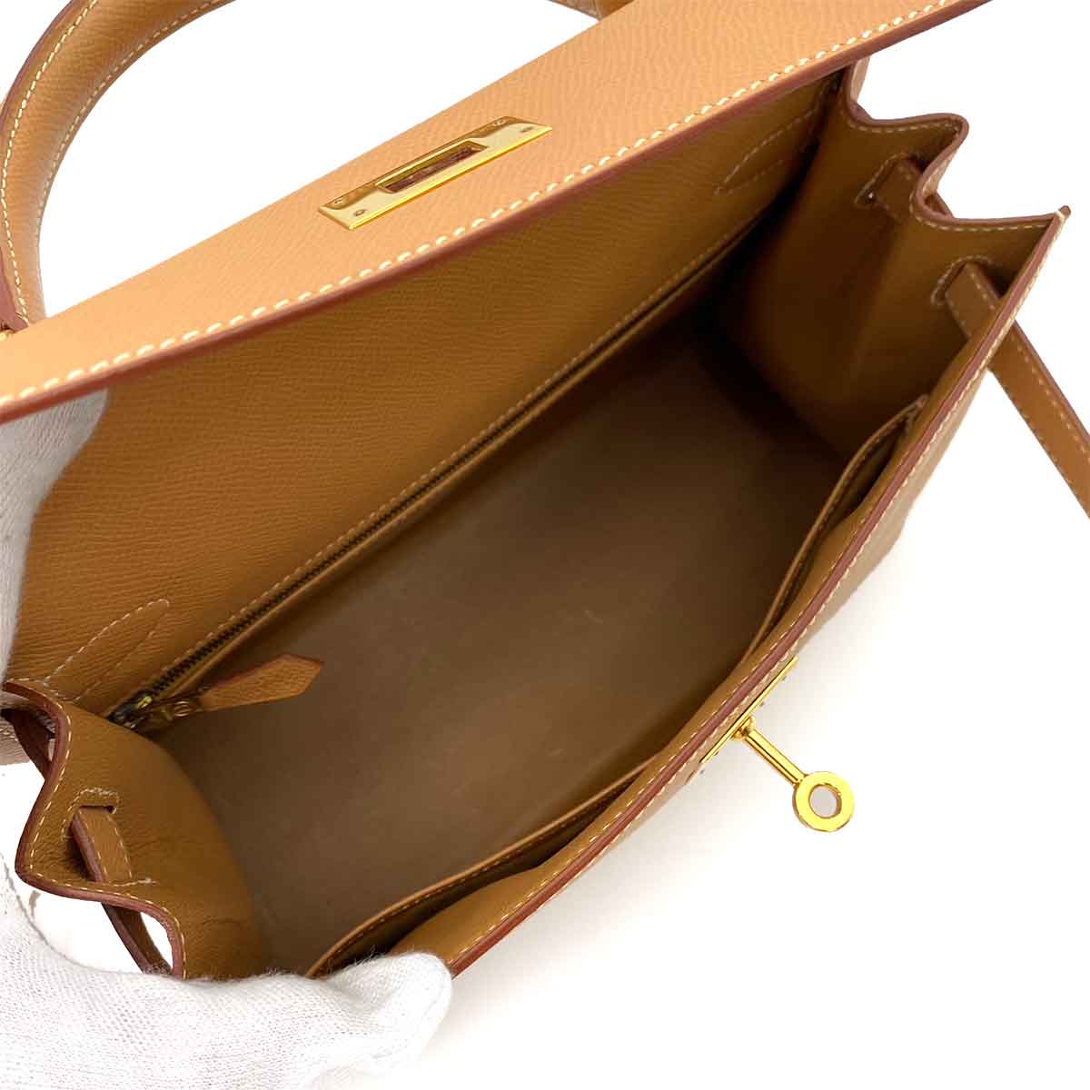 HERMES KELLY 28 SELLIER NATURAL COUCHEVEL HAND SHOULDER BAG □A 90241755