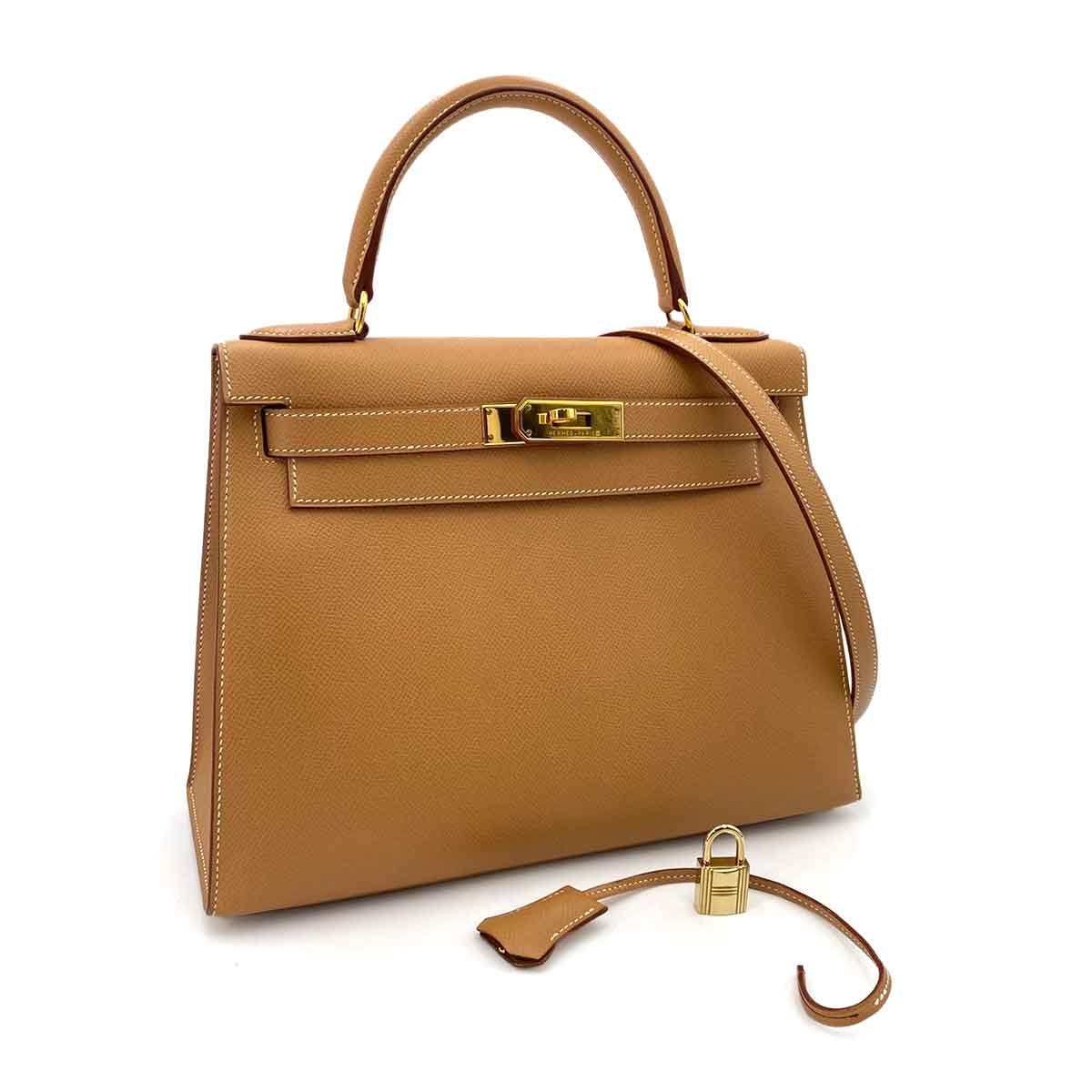 HERMES KELLY 28 SELLIER NATURAL COUCHEVEL HAND SHOULDER BAG □A 90241755