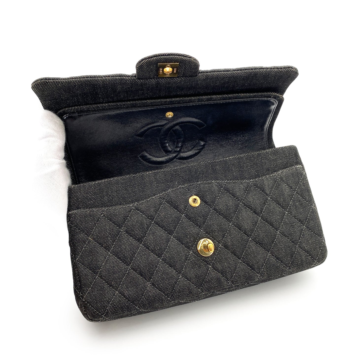 CHANEL VINTAGE CLASSIC FLAP MEDIUM CHAIN SHOULDER BAG BLACK DENIM 90241769