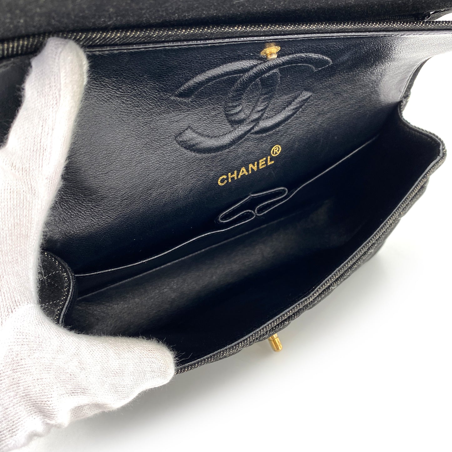 CHANEL VINTAGE CLASSIC FLAP MEDIUM CHAIN SHOULDER BAG BLACK DENIM 90241769