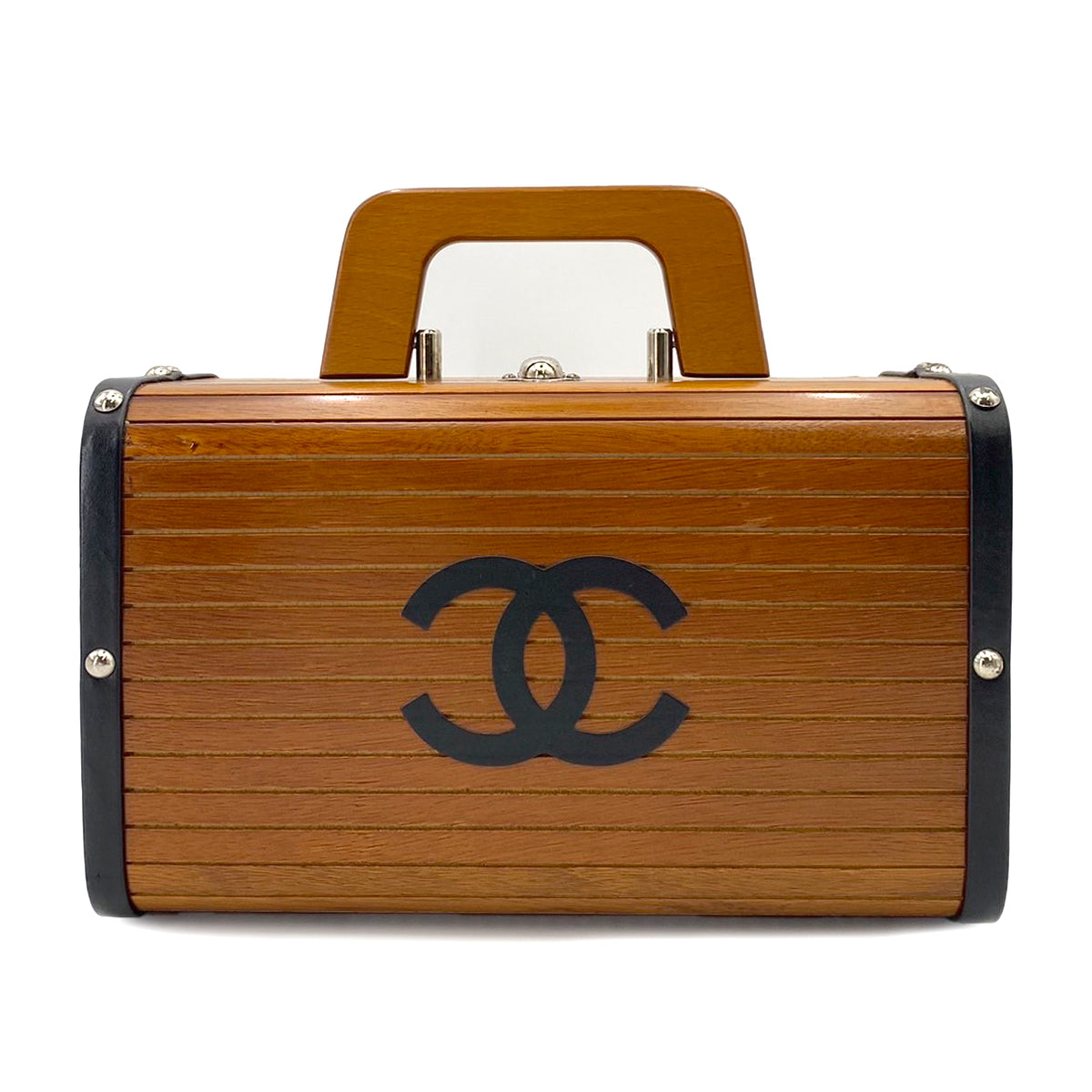 CHANEL VINTAGE WOOD VANITY HAND BAG WOOD LEATHER BROWN 90241772