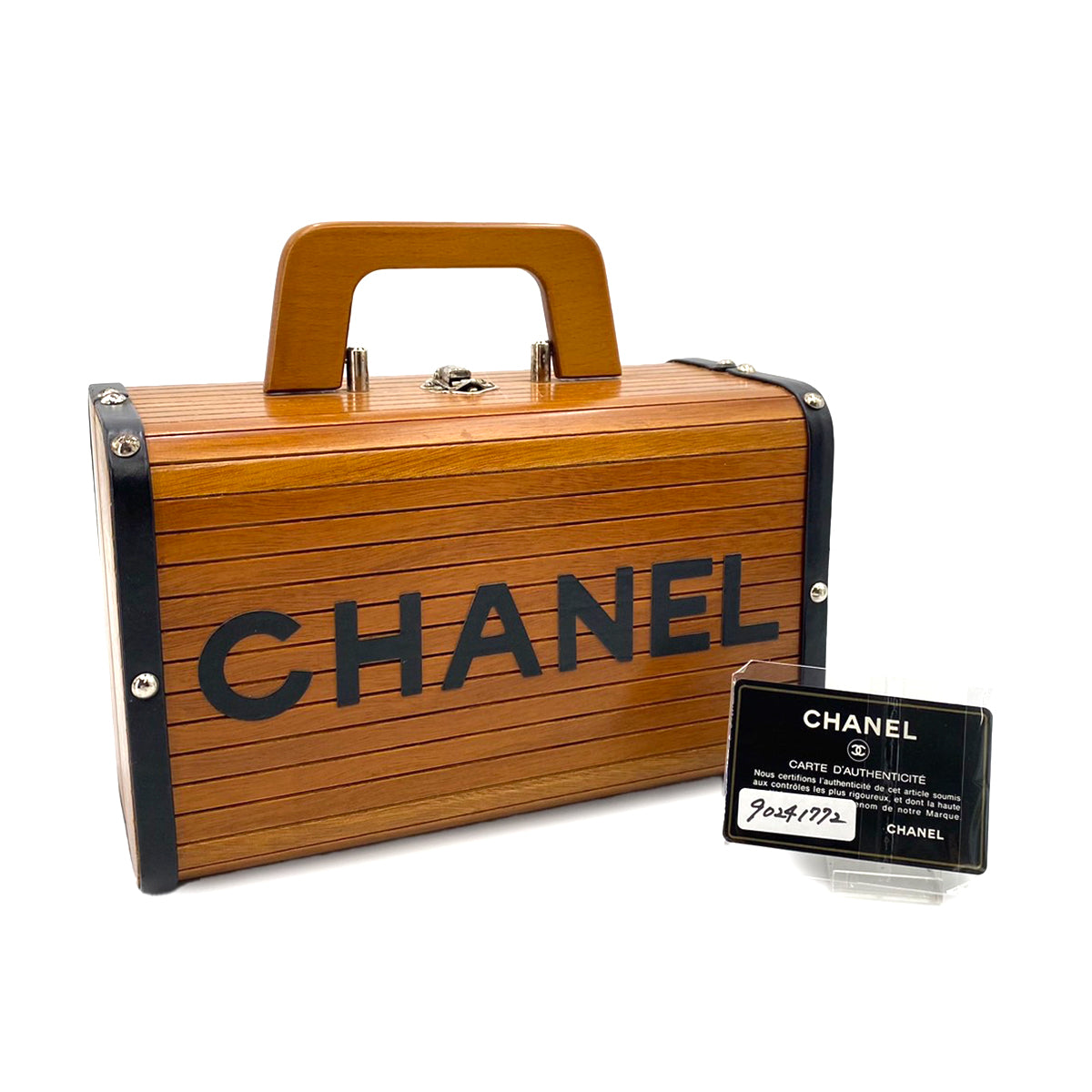 CHANEL VINTAGE WOOD VANITY HAND BAG WOOD LEATHER BROWN 90241772