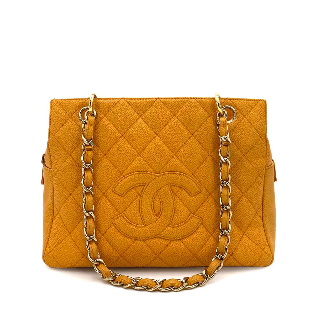 CHANEL VINTAGE PTT CHAIN TOTE BAG ORANGE CAVIAR SKIN 90241785