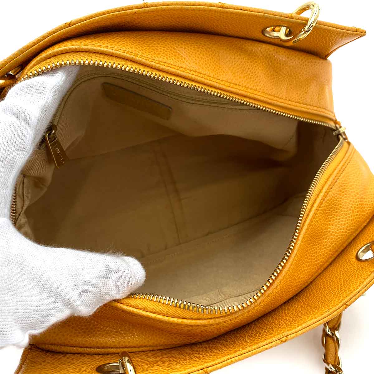 CHANEL VINTAGE PTT CHAIN TOTE BAG ORANGE CAVIAR SKIN 90241785