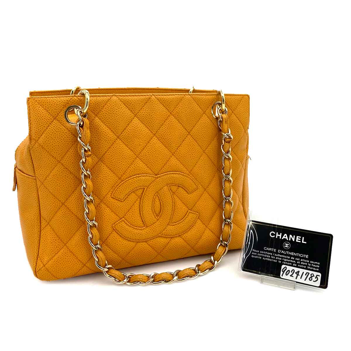 CHANEL VINTAGE PTT CHAIN TOTE BAG ORANGE CAVIAR SKIN 90241785
