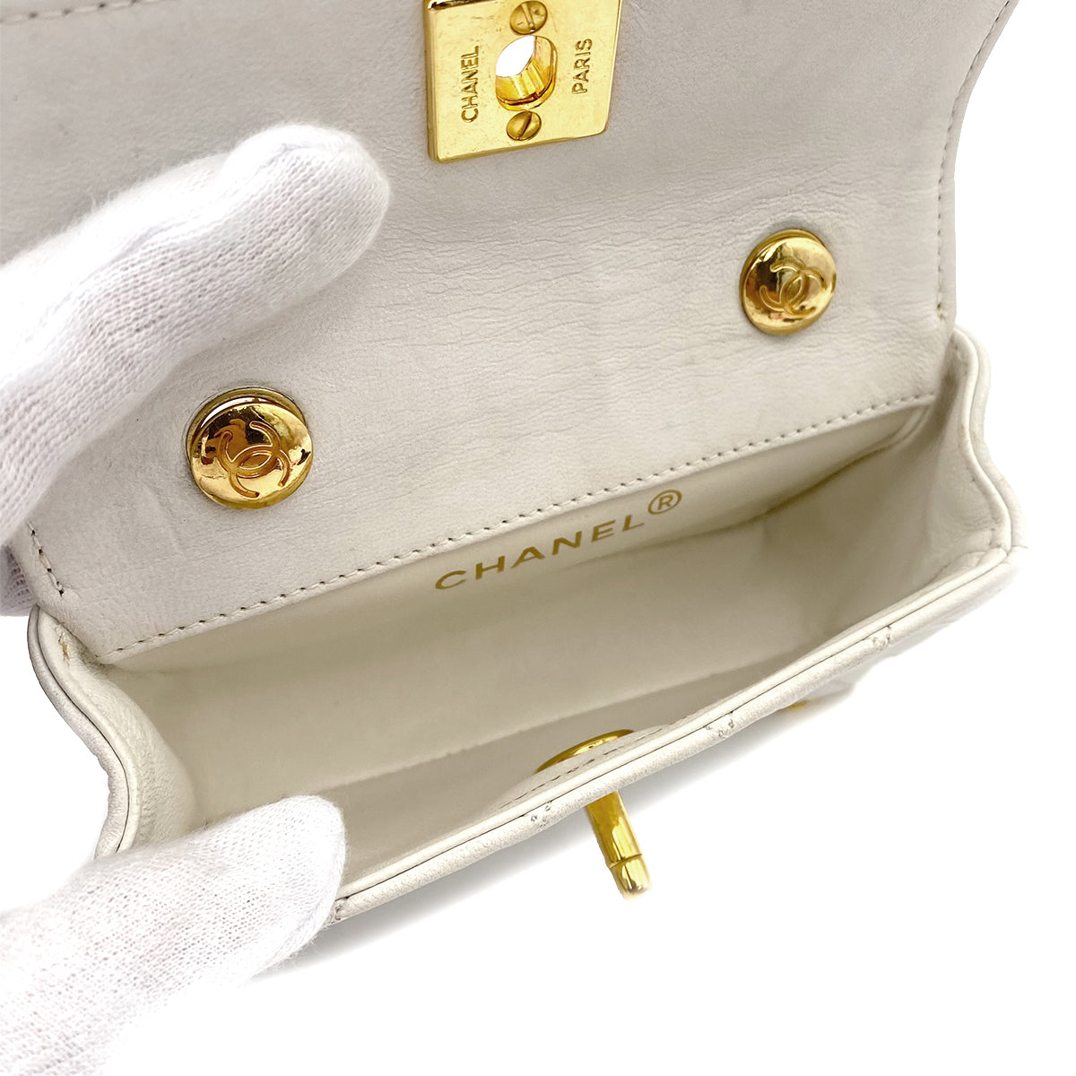 CHANEL VINTAGE MINI FLAP CHAIN SHOULDER BAG WHITE LAMB SKIN 90241786