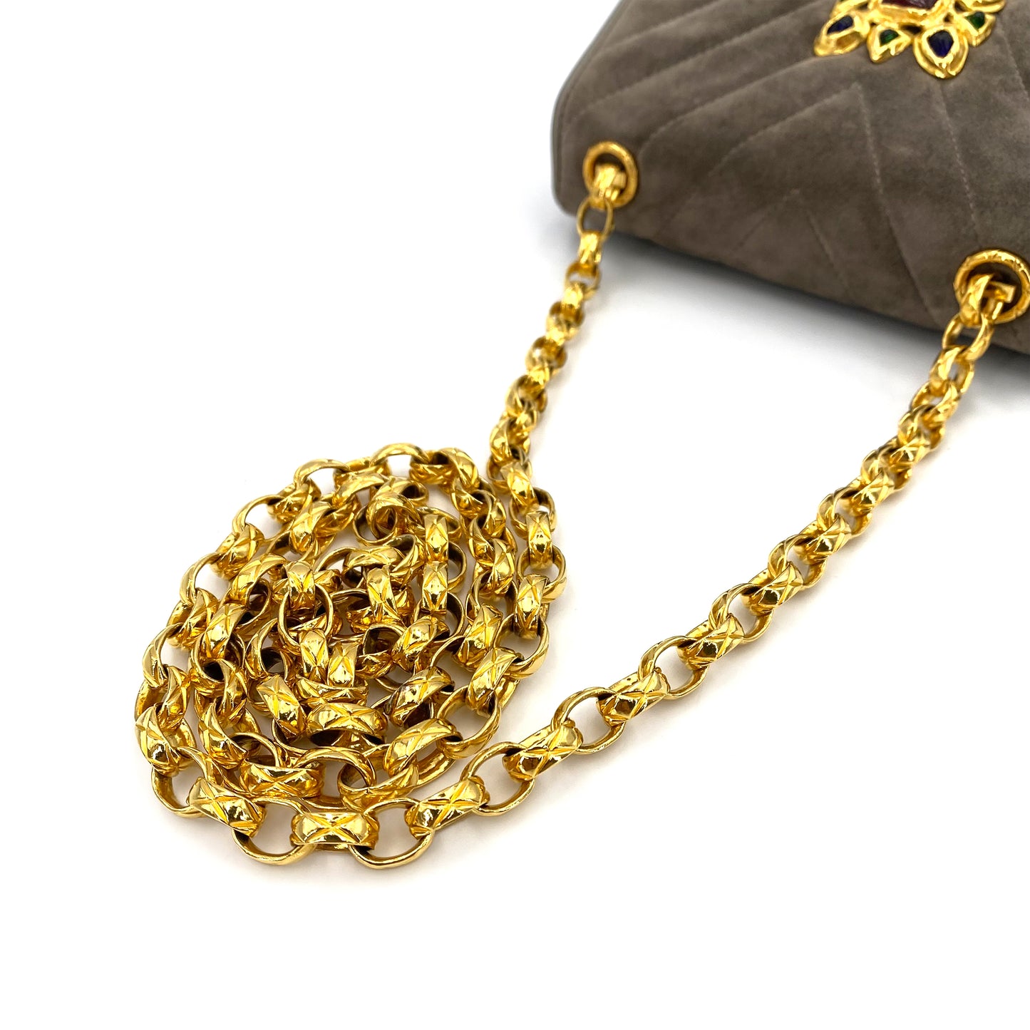 CHANEL VINTAGE CHEVRON COLORSTONE BIJOU CHAIN SHOULDER BAG KHAKI SUEDE 90241791