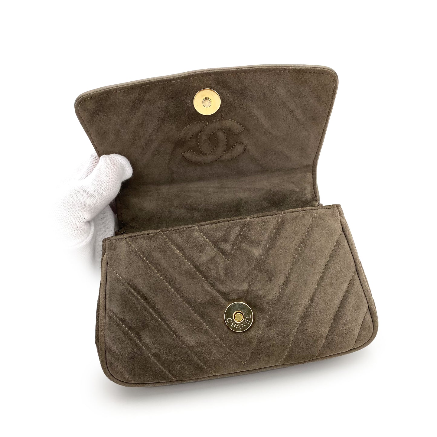 CHANEL VINTAGE CHEVRON COLORSTONE BIJOU CHAIN SHOULDER BAG KHAKI SUEDE 90241791