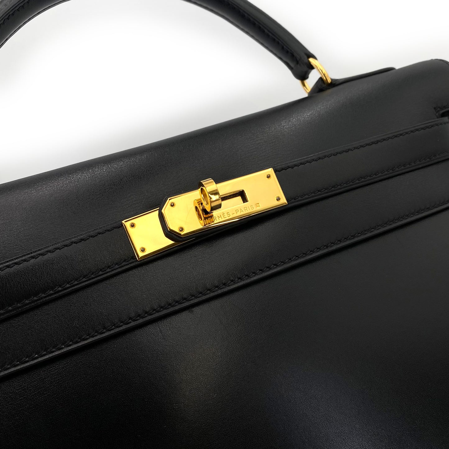 HERMES KELLY 32 SELLIER BLACK BOXCALF HAND SHOULDER BAG 〇A 90241794
