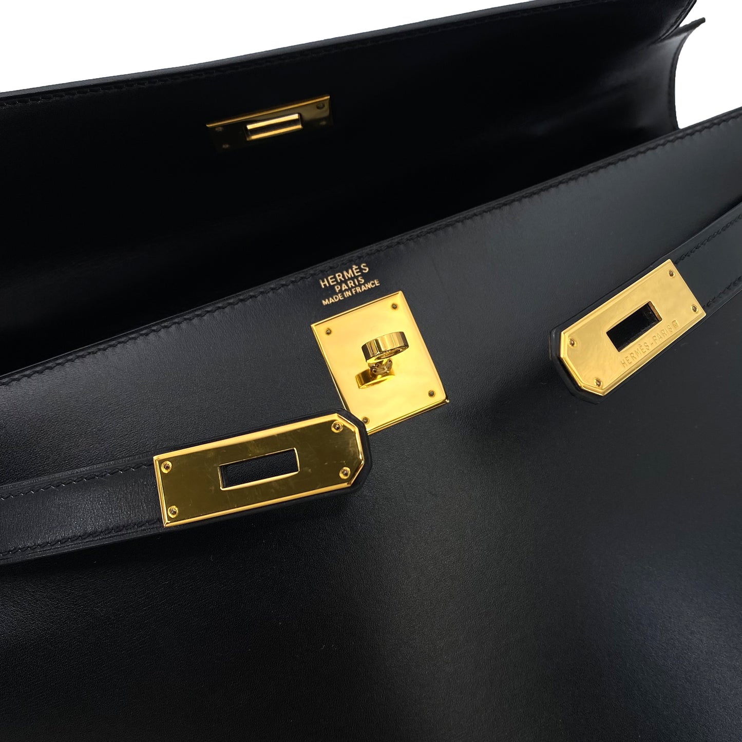 HERMES KELLY 32 SELLIER BLACK BOXCALF HAND SHOULDER BAG 〇A 90241794
