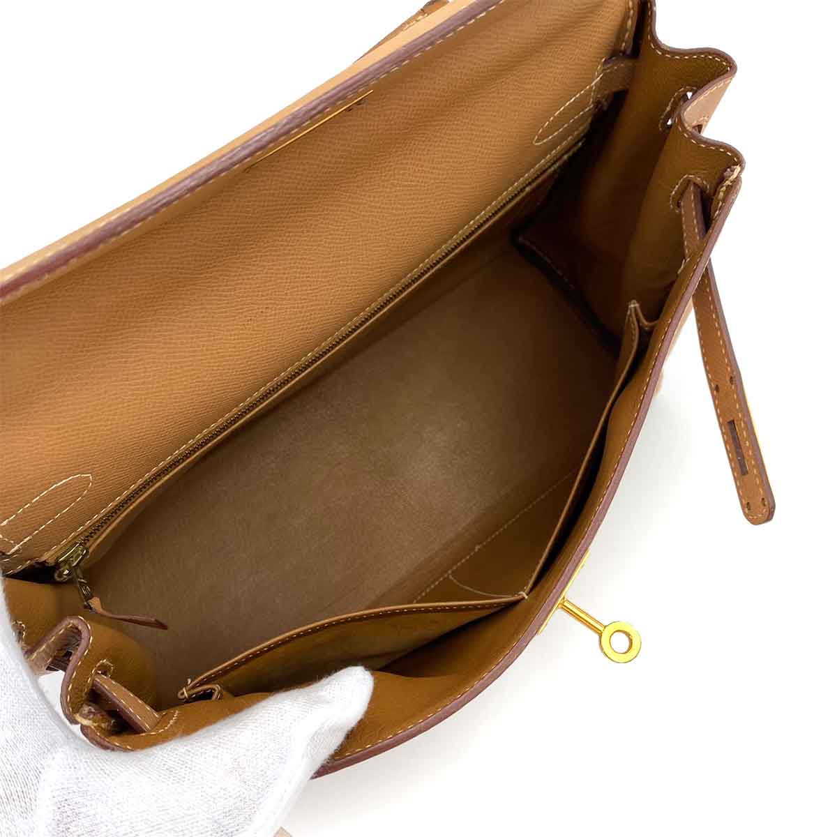 HERMES KELLY 32 RETOURNE NATURAL COUCHVEL HAND SHOULDER BAG 〇Y 90241795