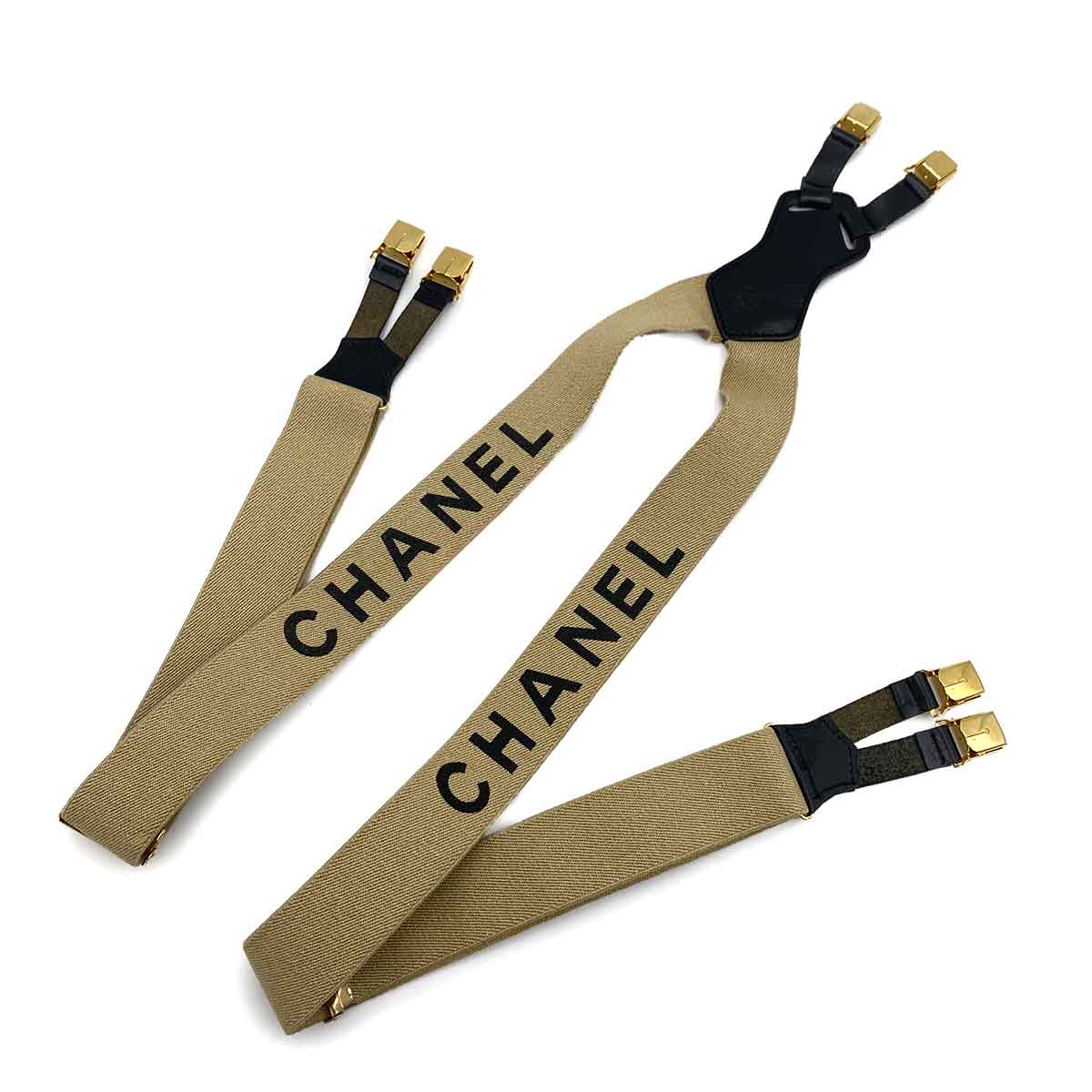 CHANEL VINTAGE SUSPENDER LOGO BEIGE BLACK CANVAS LEATHER 90241798