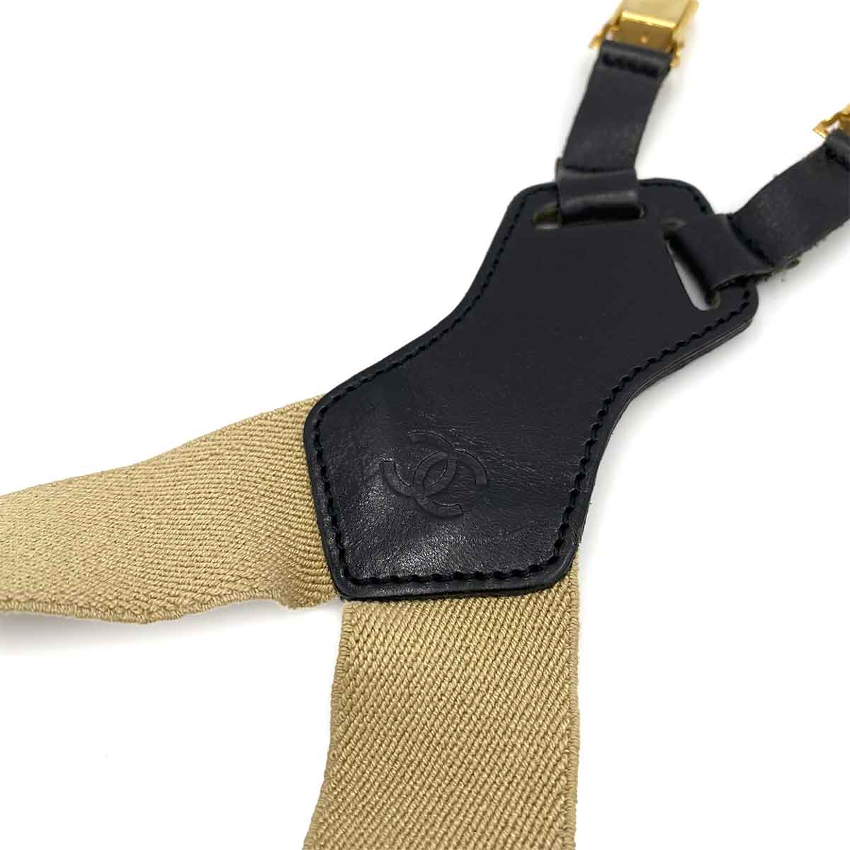 CHANEL VINTAGE SUSPENDER LOGO BEIGE BLACK CANVAS LEATHER 90241798