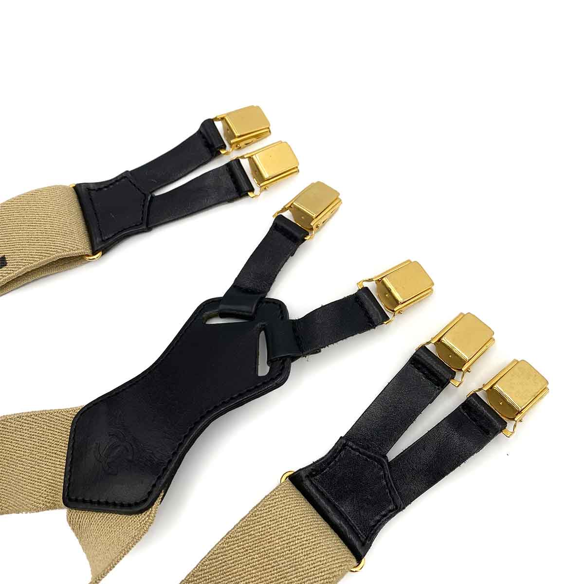 CHANEL VINTAGE SUSPENDER LOGO BEIGE BLACK CANVAS LEATHER 90241798