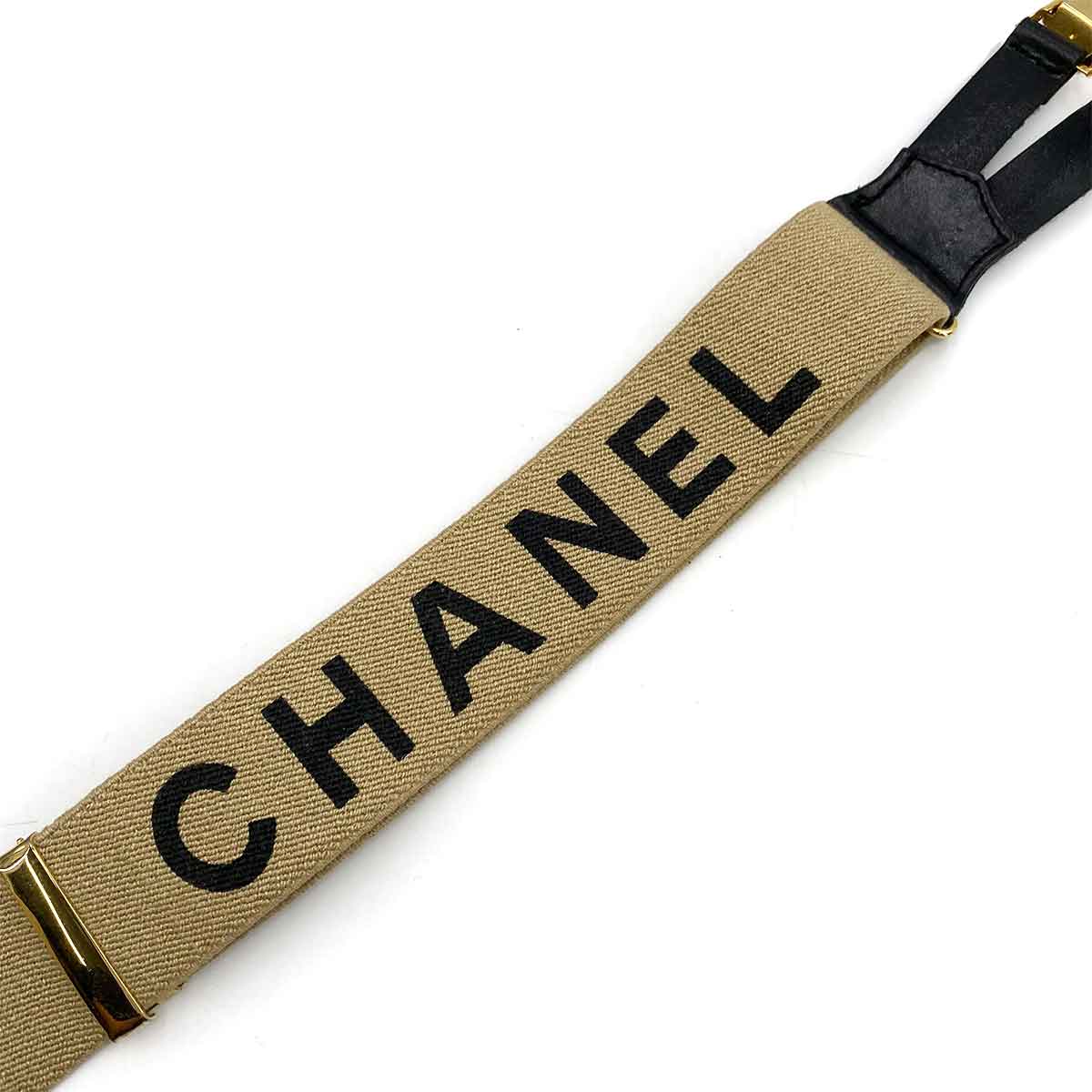 CHANEL VINTAGE SUSPENDER LOGO BEIGE BLACK CANVAS LEATHER 90241798