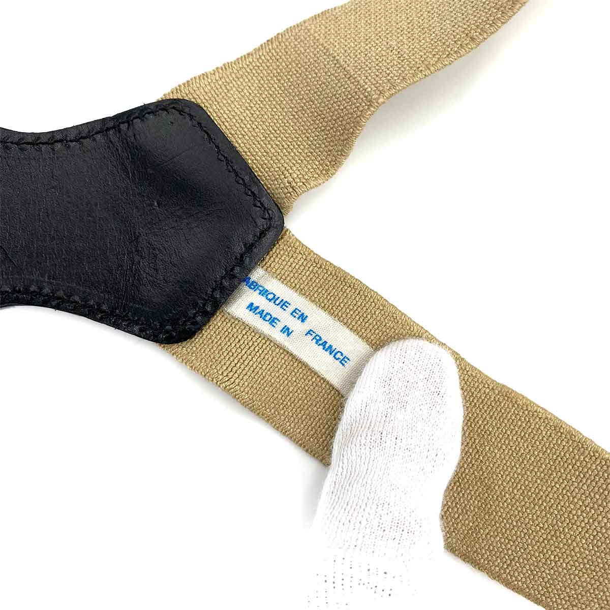 CHANEL VINTAGE SUSPENDER LOGO BEIGE BLACK CANVAS LEATHER 90241798