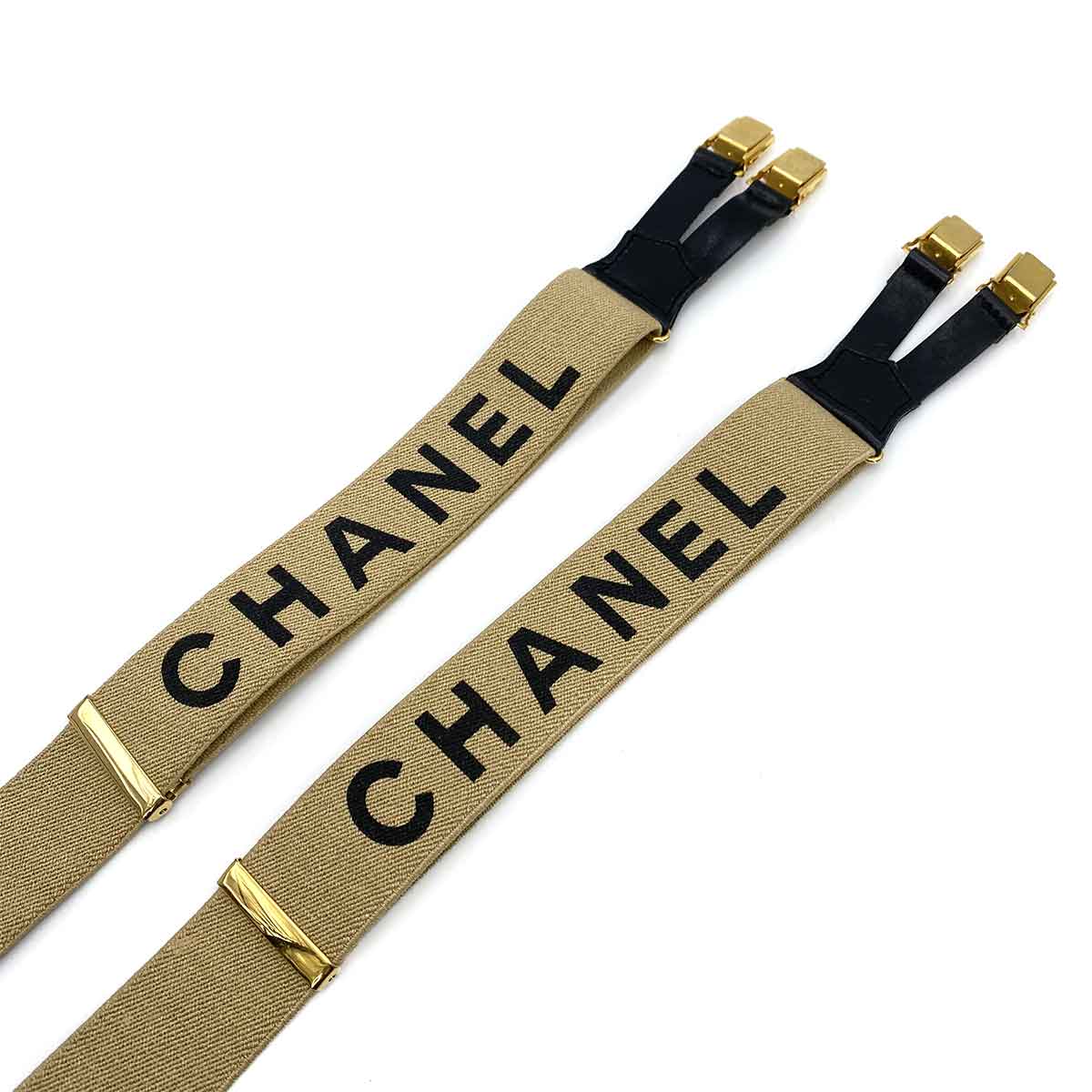 CHANEL VINTAGE SUSPENDER LOGO BEIGE BLACK CANVAS LEATHER 90241798