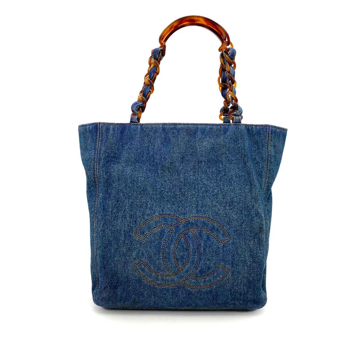 CHANEL VINTAGE TORTOISESHELL CHAIN HAND BAG BLUE DENIM 90242115