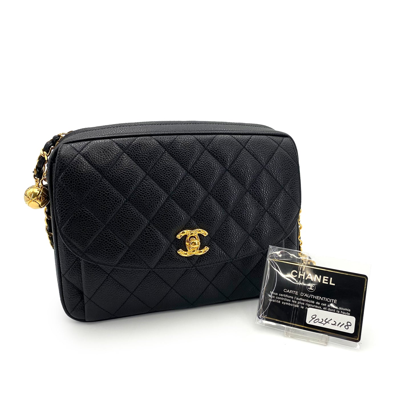 CHANEL VINTAGE MATELASSE CHAIN SHOULDER BAG BLACK CAVIAR SKIN 90242118
