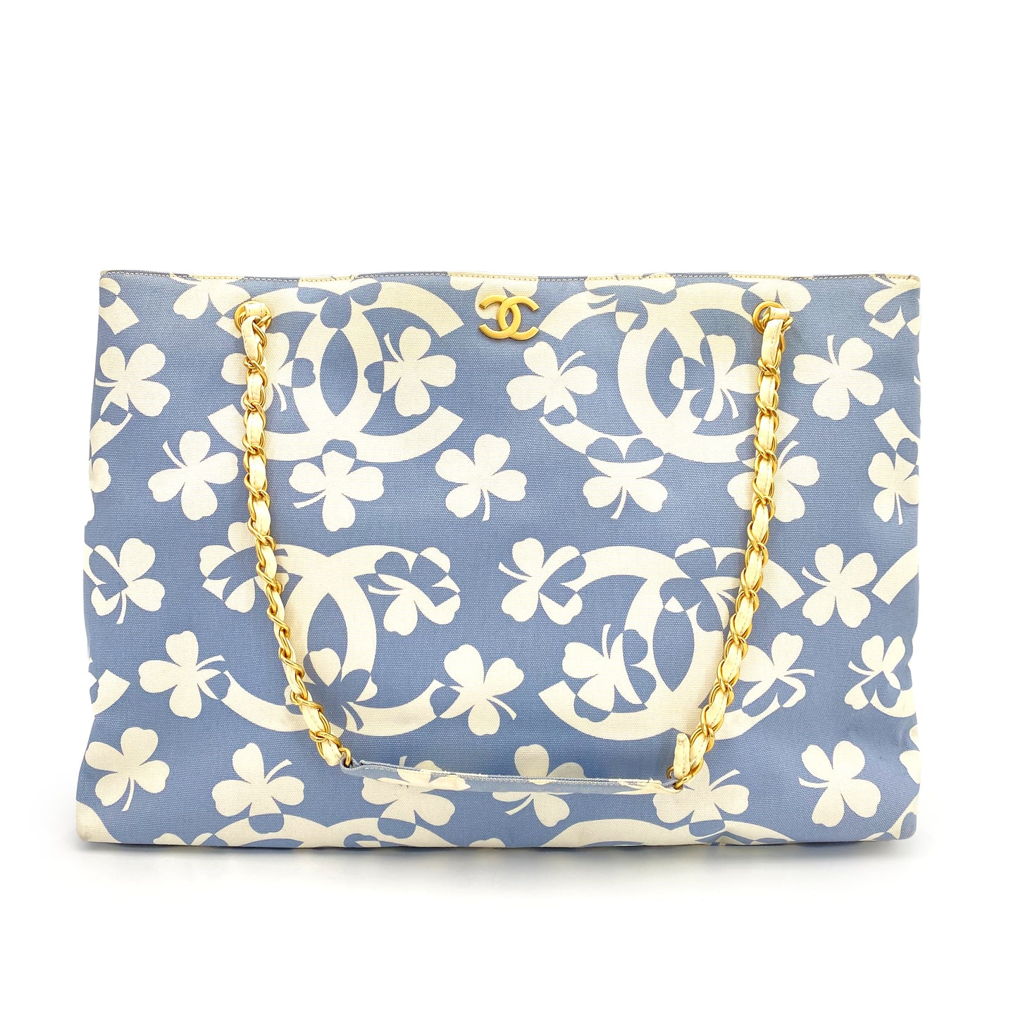 CHANEL VINTAGE COCOMARK CLOVER CHAIN TOTE BAG BLUE WHITE CANVAS 90242125