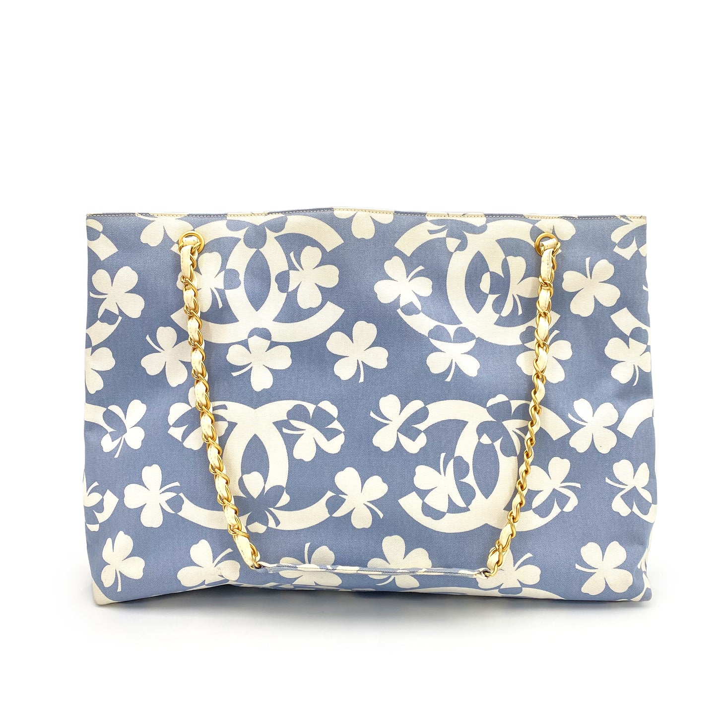 CHANEL VINTAGE COCOMARK CLOVER CHAIN TOTE BAG BLUE WHITE CANVAS 90242125
