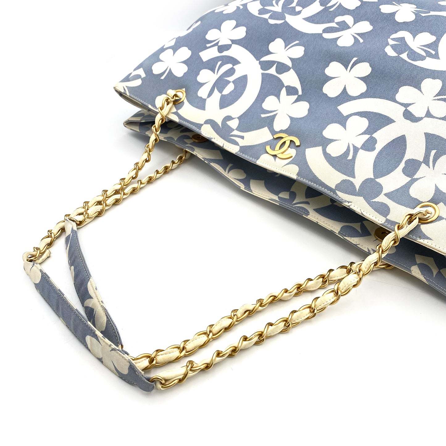 CHANEL VINTAGE COCOMARK CLOVER CHAIN TOTE BAG BLUE WHITE CANVAS 90242125