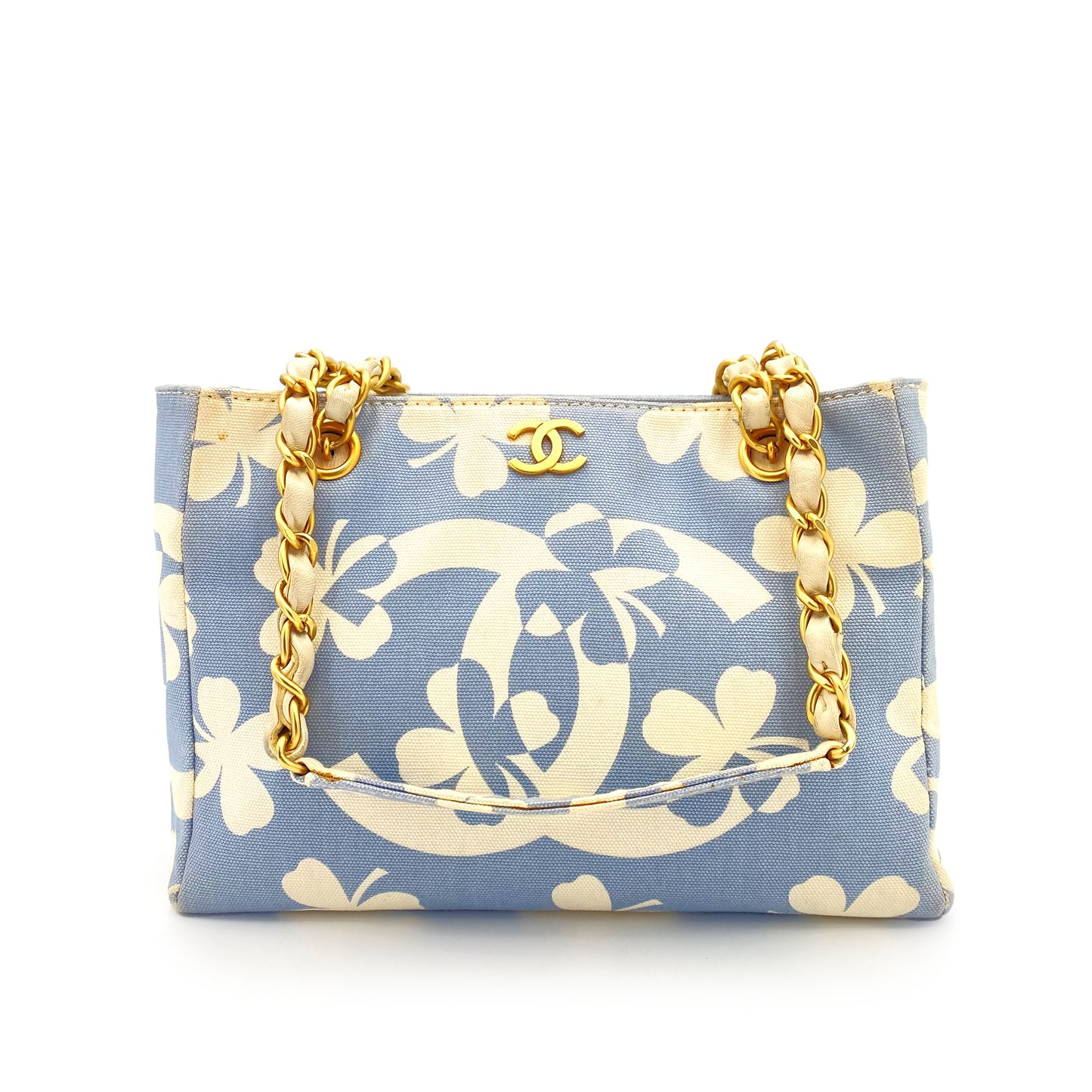 CHANEL VINTAGE COCOMARK CLOVER TOTE BAG BLUE WHITE CANVAS 90242127