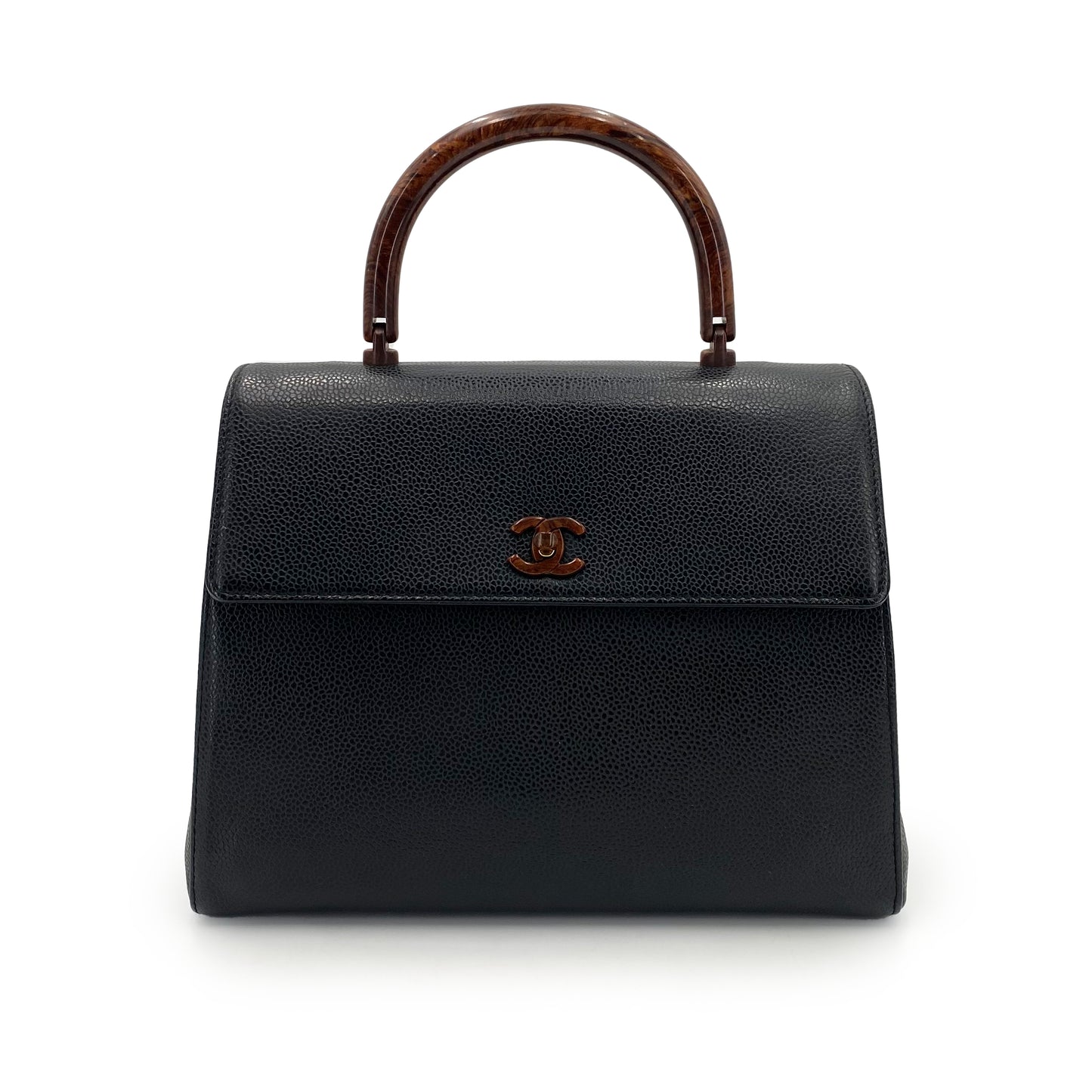 CHANEL VINTAGE WOOD HANDLE HAND BAG BLACK CAVIAR SKIN 90242139