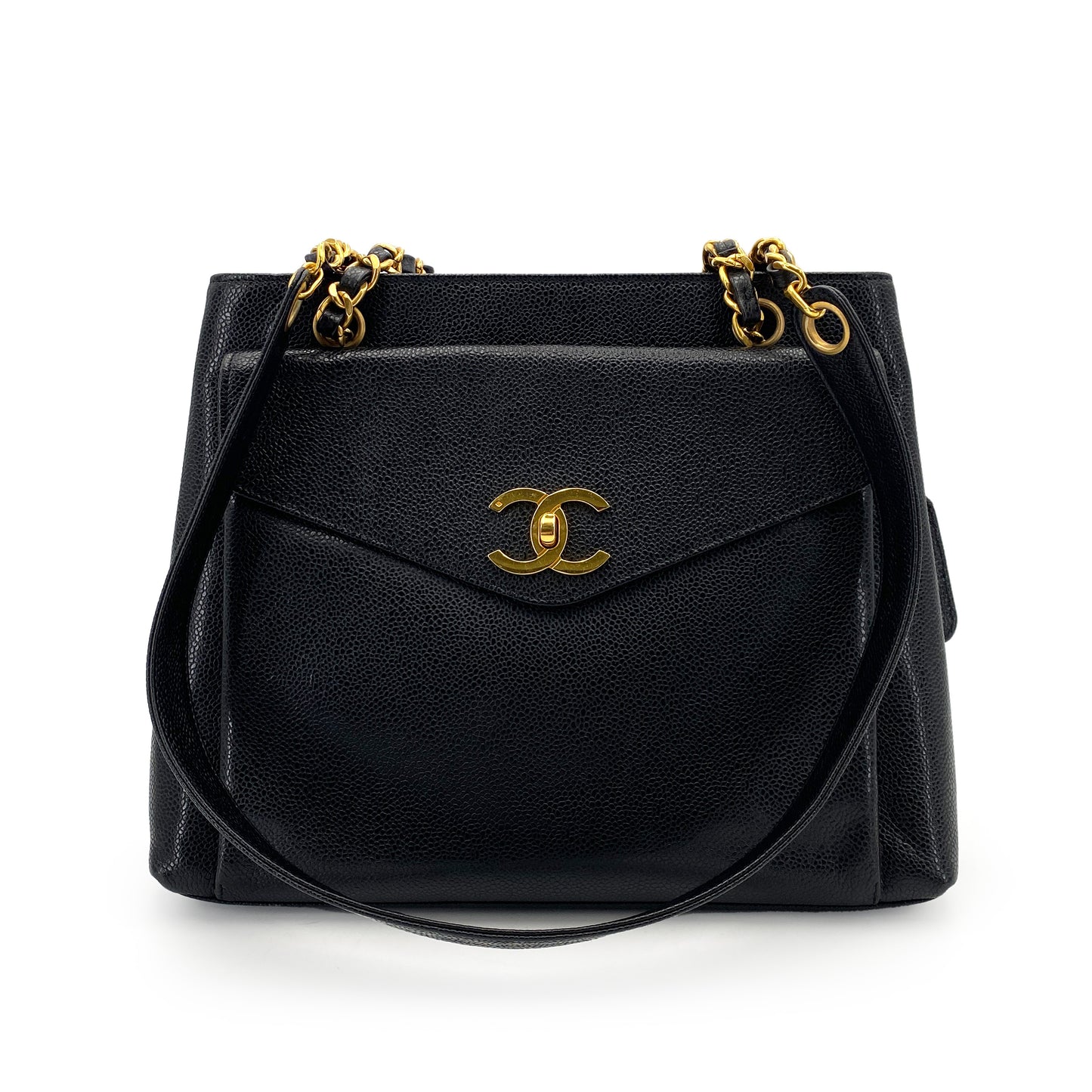 CHANEL VINTAGE CHAIN TOTE BAG BLACK CAVIAR SKIN 90242140