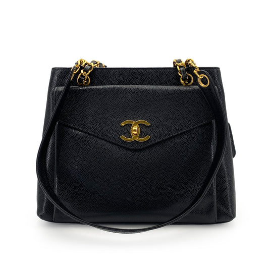 CHANEL VINTAGE CHAIN TOTE BAG BLACK CAVIAR SKIN 90242140